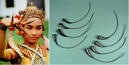 [b]Left:[/b] Thai dancer wearing nail guards. From an image in Ritual and Seduction (London: The New English Library. 1980) Photo: © Charles and Josette Lenars, Paris.[br][b]Right:[/b] Nail extensions donated by Gerald Avery Wainwright in 1963; 1963.10.68–.75
