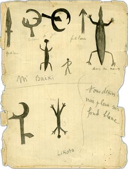 A page of sketches made by Hottot during the expedition, showing metal spearheads, throwing knives and three lizards painted on house walls.
