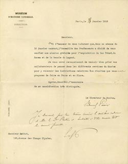Letter from Edmond Perrier, Director of the Musum d'Histoire Naturelle in Paris, informing Hottot that the museum would support his proposed expedition to Africa.