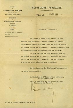 Letter from the Minister of Public Instruction to Emile Dupont, Hottot's local senator, informing him that the French government had agreed to confer the official status of scientific mission on the proposed expedition.