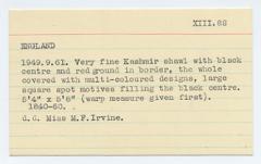 Catalogue card prepared by museum staff for 1949.9.61, a Kashmir shawl donated by Margaret Irvine. This card was probably typed 