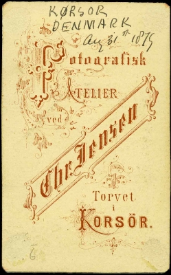 Back of carte-de-visite from studio of Christian Jensen, Korsør,  31.8.1879