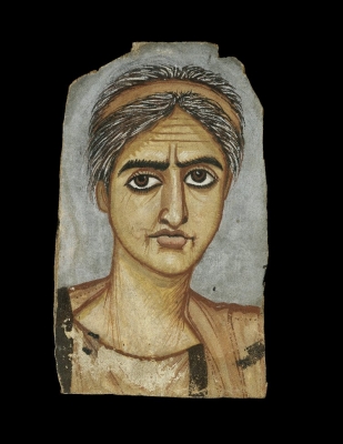 Painted wood mummy portrait of a woman. British Museum 1890,0921.1 © The Trustees of the BM