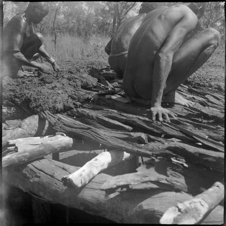 Mandari men preparing hut floor