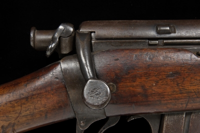 Close-up showing Lee Enfield carbine's bolt action