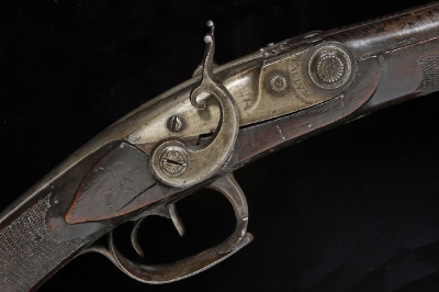 Close-up showing the trigger and hammer of the Pauly sporting gun